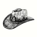 Hand drawn vintage cowboy hat with bull skull. Ink black and white drawing